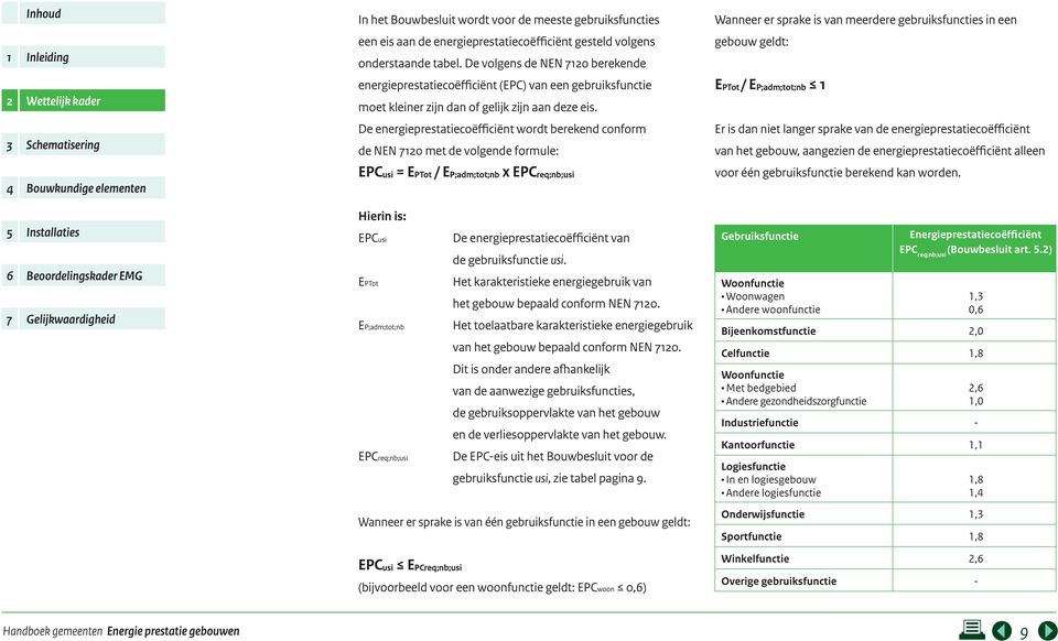 De energieprestatiecoëfficiënt wordt berekend conform de NEN 7120 met de volgende formule: EPCusi = EPTot / EP;adm;tot;nb x EPCreq;nb;usi Wanneer er sprake is van meerdere gebruiksfuncties in een