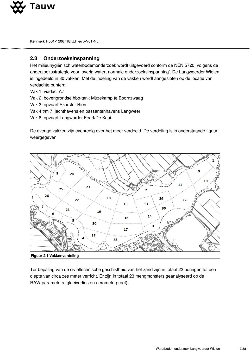 Met de indeling van de vakken wordt aangesloten op de locatie van verdachte punten: Vak 1: viaduct A7 Vak 2: bovengrondse hbo-tank Mûzekamp te Boornzwaag Vak 3: opvaart Skarster Rien Vak 4 t/m 7: