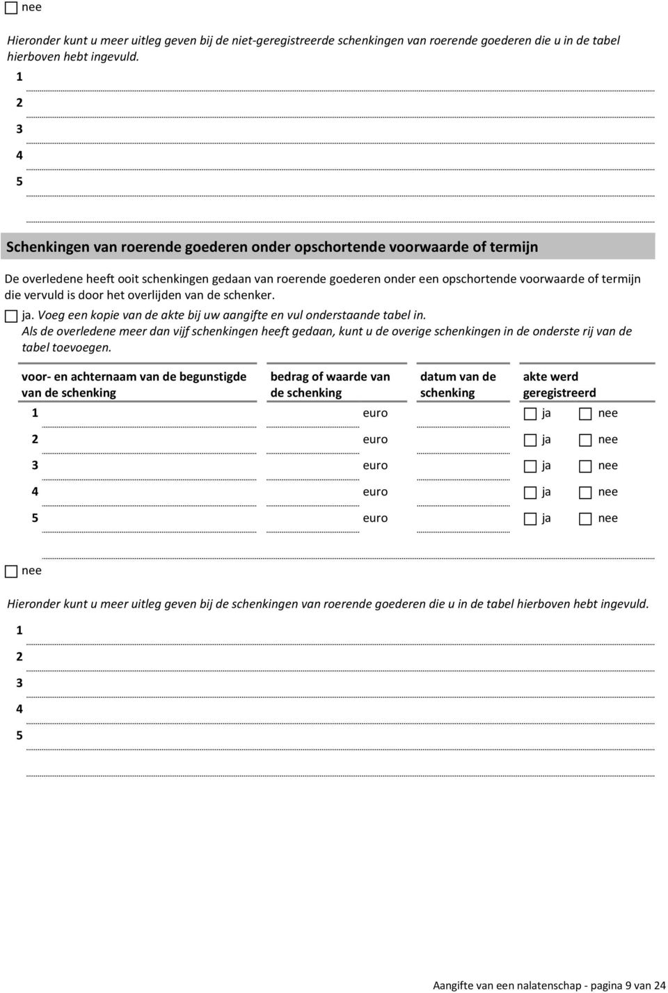 vervuld is door het overlijden van de schenker. ja. Voeg een kopie van de akte bij uw aangifte en vul onderstaande tabel in.