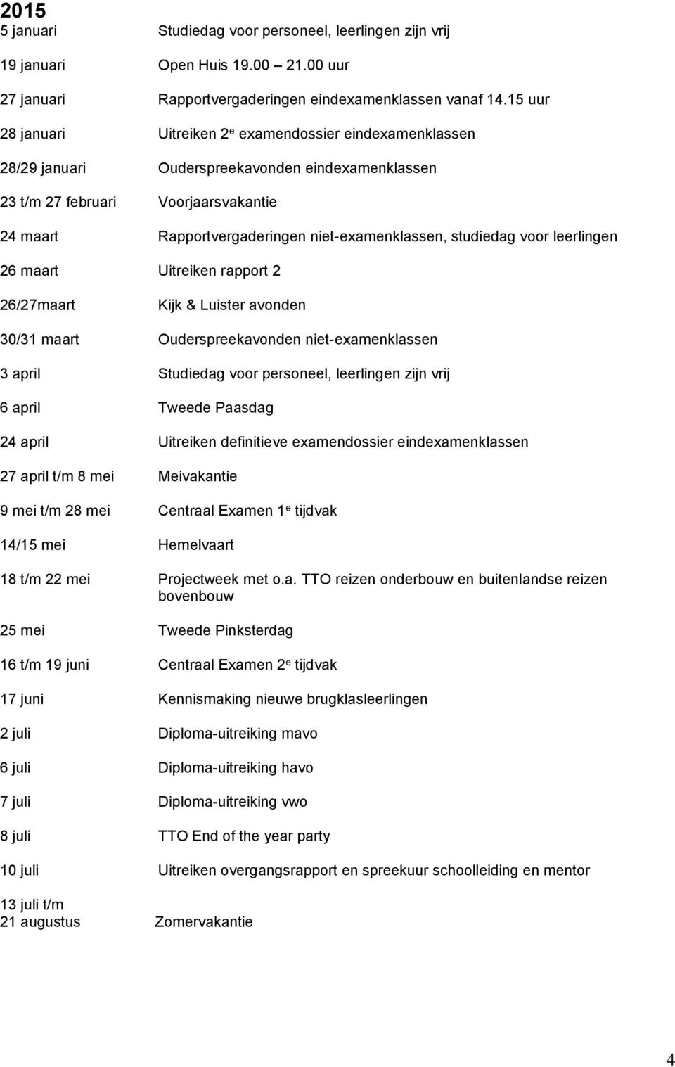 niet-examenklassen, studiedag voor leerlingen 26 maart Uitreiken rapport 2 26/27maart Kijk & Luister avonden 30/31 maart Ouderspreekavonden niet-examenklassen 3 april Studiedag voor personeel,