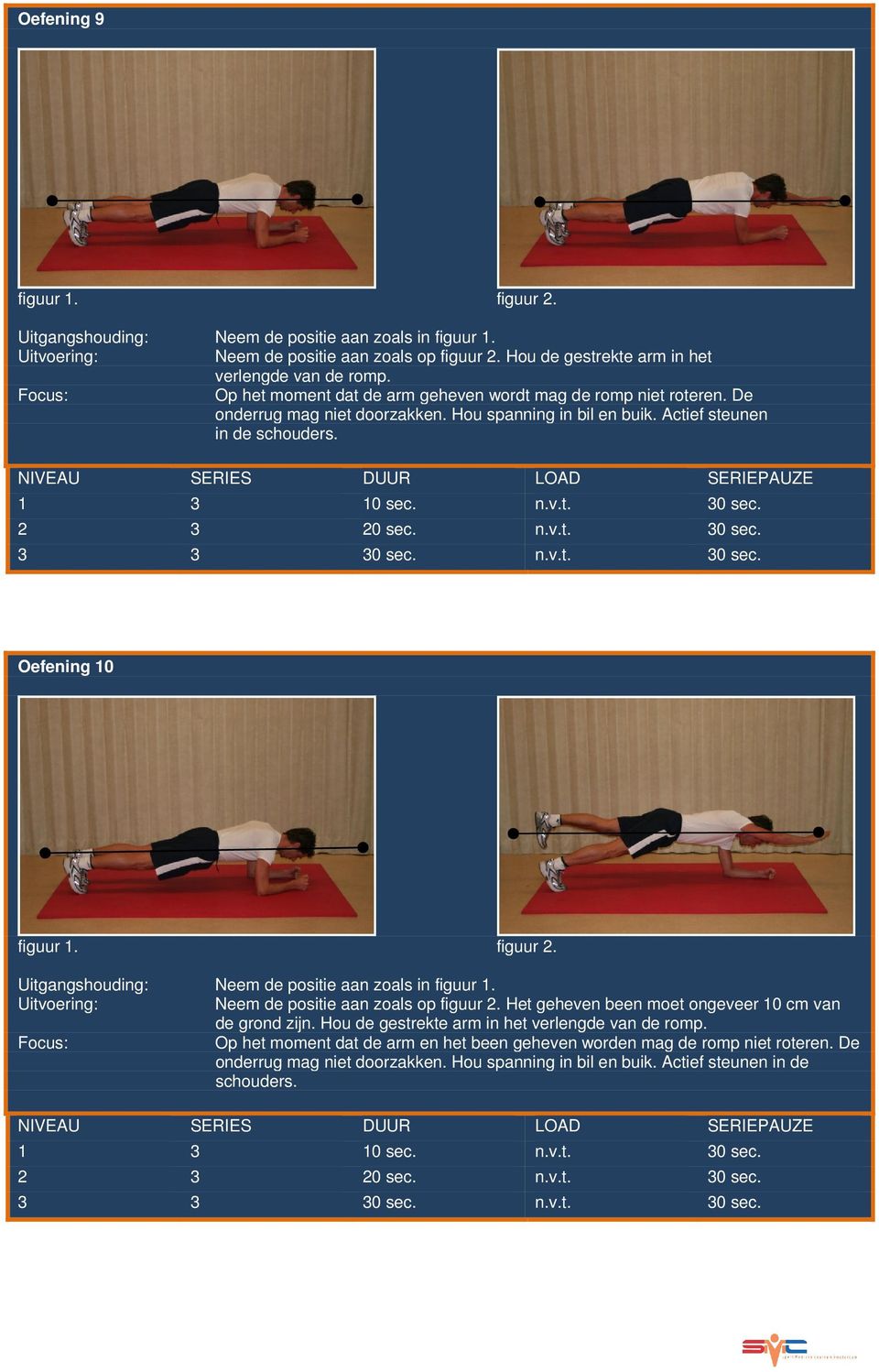 Oefening 10 Uitgangshouding: Neem de positie aan zoals in figuur 1. Neem de positie aan zoals op figuur 2. Het geheven been moet ongeveer 10 cm van de grond zijn.