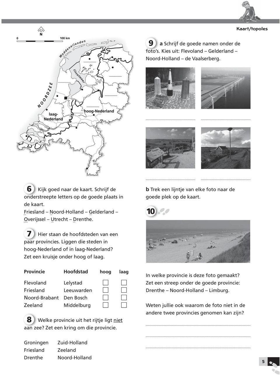 10 7 Hier staan de hoofdsteden van een paar provincies. Liggen die steden in hoog-nederland of in laag-nederland? Zet een kruisje onder hoog of laag.