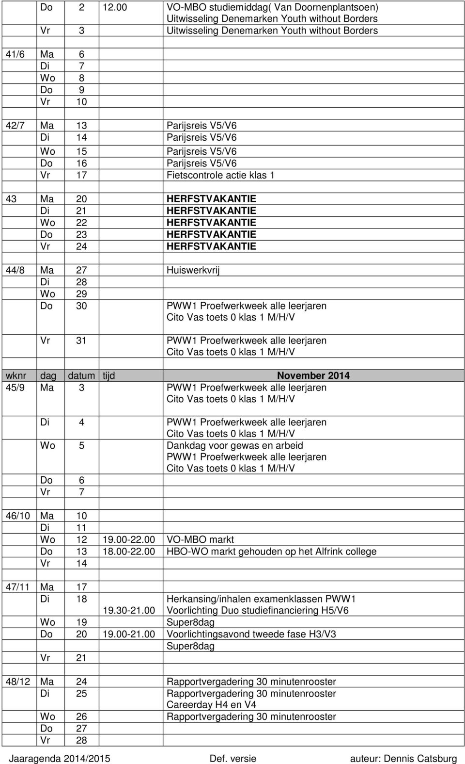 V5/V6 Di 14 Parijsreis V5/V6 Wo 15 Parijsreis V5/V6 Do 16 Parijsreis V5/V6 Vr 17 Fietscontrole actie klas 1 43 Ma 20 HERFSTVAKANTIE Di 21 HERFSTVAKANTIE Wo 22 HERFSTVAKANTIE Do 23 HERFSTVAKANTIE Vr