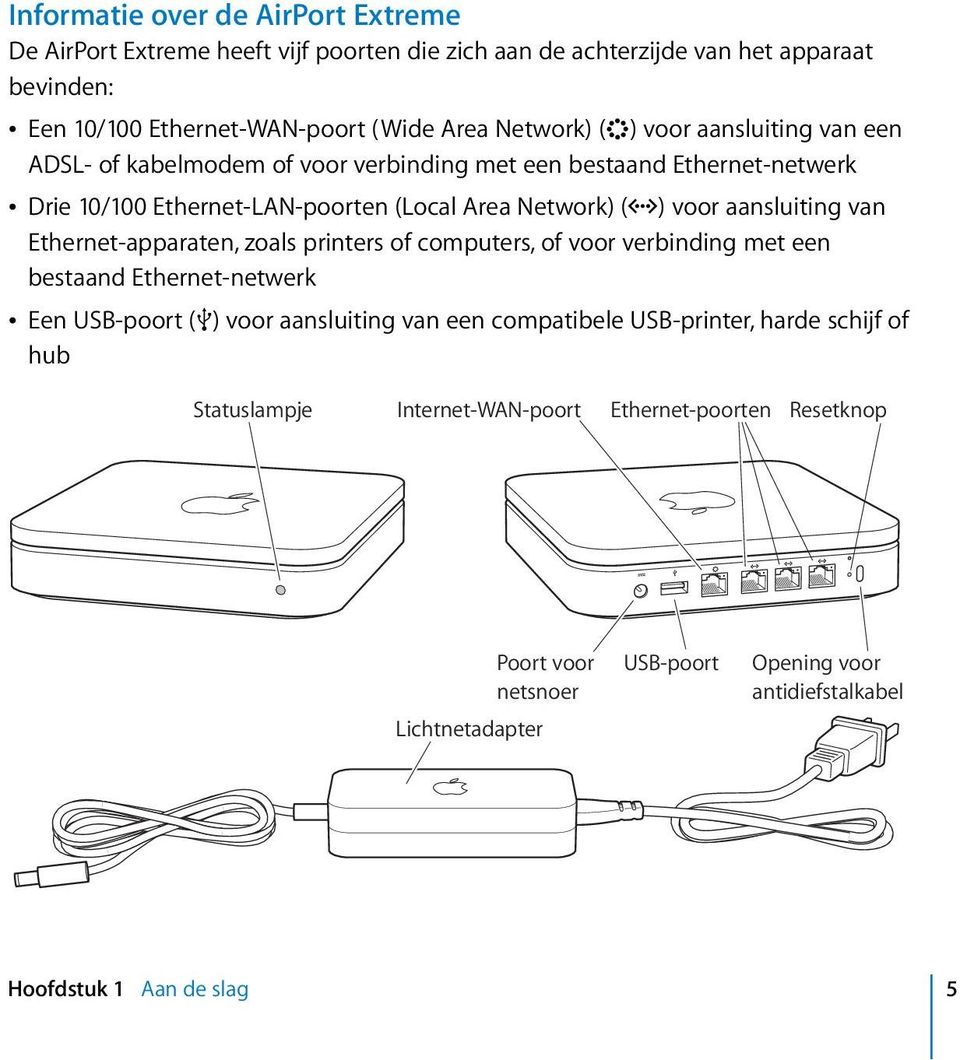 aansluiting van Ethernet-apparaten, zoals printers of computers, of voor verbinding met een bestaand Ethernet-netwerk Â Een USB-poort (d) voor aansluiting van een compatibele