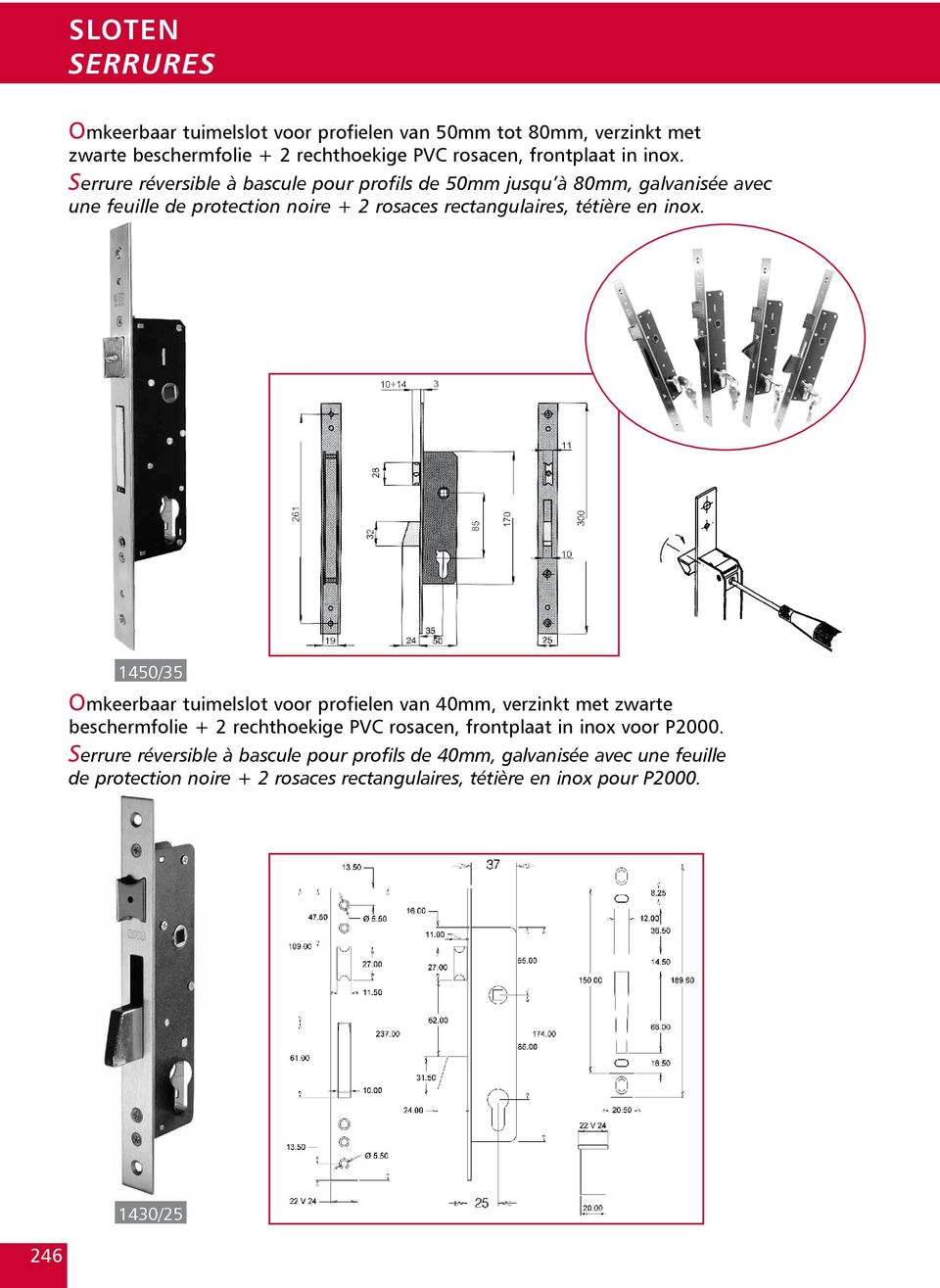 1450/35 Omkeerbaar tuimelslot voor profielen van 40mm, verzinkt met zwarte beschermfolie + 2 rechthoekige PVC rosacen, frontplaat in inox voor P2000.