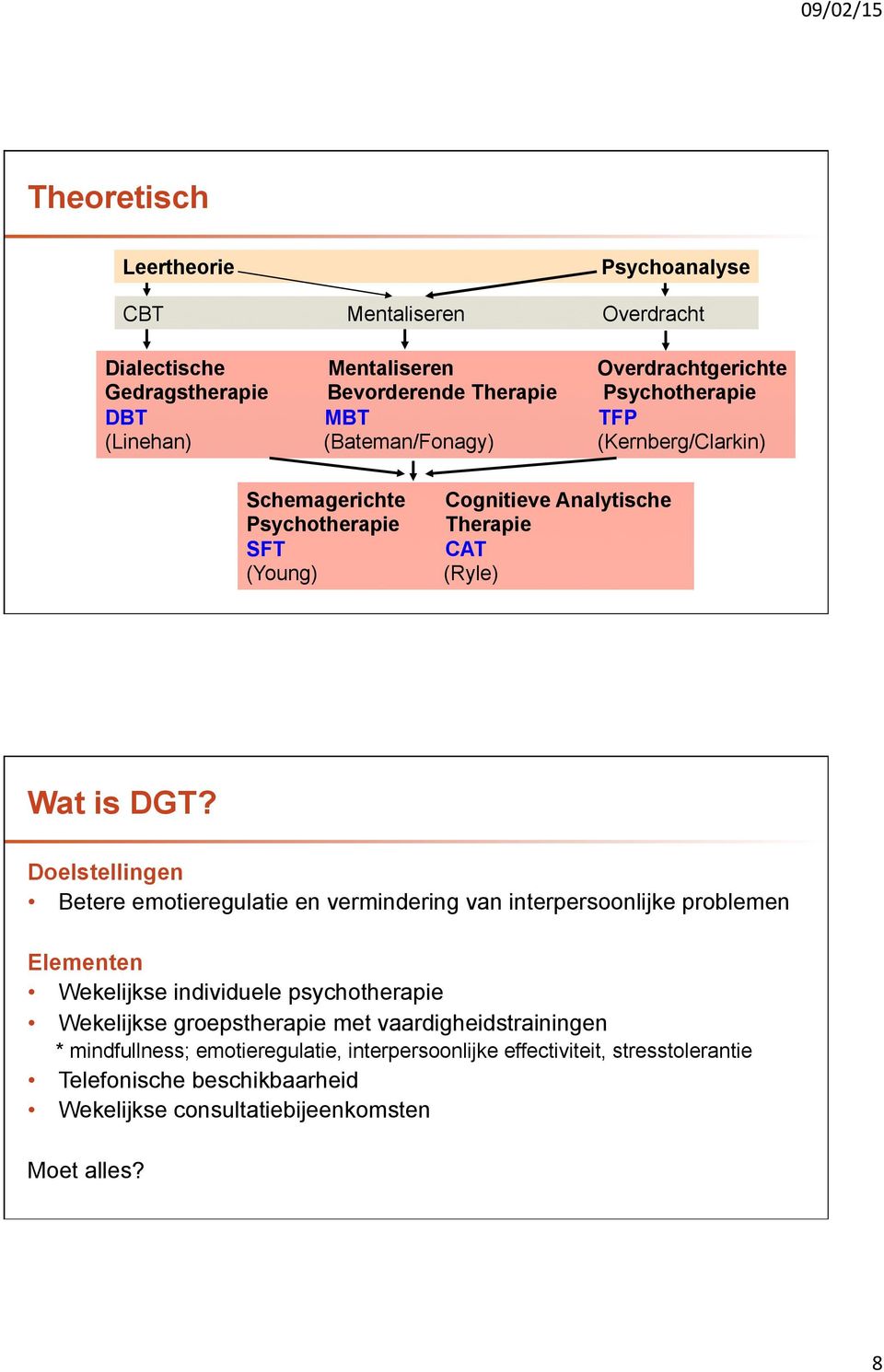 Doelstellingen Betere emotieregulatie en vermindering van interpersoonlijke problemen Elementen Wekelijkse individuele psychotherapie Wekelijkse groepstherapie met