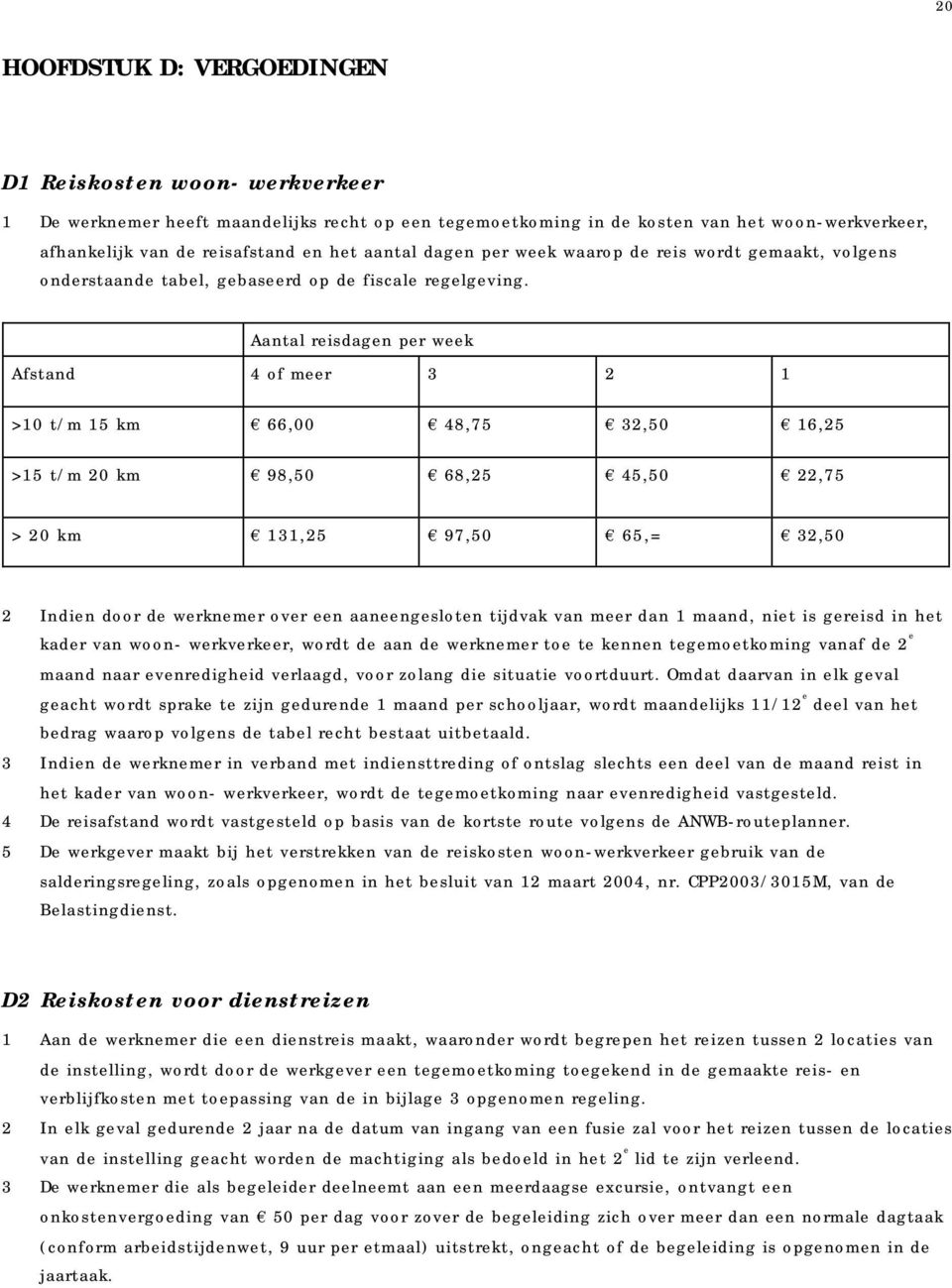 Aantal reisdagen per week Afstand 4 of meer 3 2 1 >10 t/m 15 km 66,00 48,75 32,50 16,25 >15 t/m 20 km 98,50 68,25 45,50 22,75 > 20 km 131,25 97,50 65,= 32,50 2 Indien door de werknemer over een