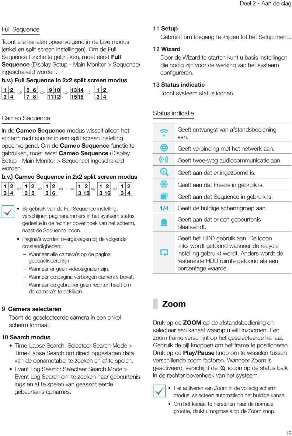 ) Full Sequence in x split screen modus 1 4 5 6 7 8 9 10 11 1 1 14 15 16 1 4 11 Setup Gebruikt om toegang te krijgen tot het Setup menu.