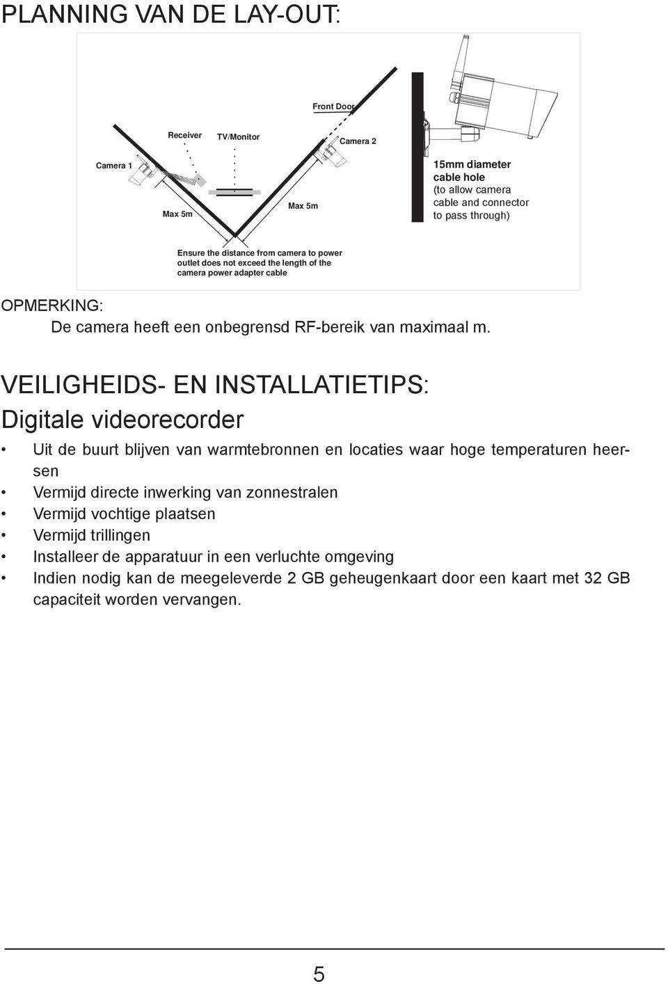 VEILIGHEIDS- EN INSTALLATIETIPS: Digitale videorecorder Uit de buurt blijven van warmtebronnen en locaties waar hoge temperaturen heersen Vermijd directe inwerking van zonnestralen