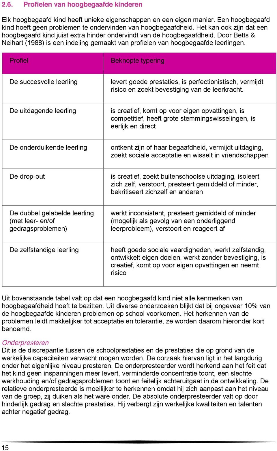 Profiel Beknopte typering De succesvolle leerling levert goede prestaties, is perfectionistisch, vermijdt risico en zoekt bevestiging van de leerkracht.