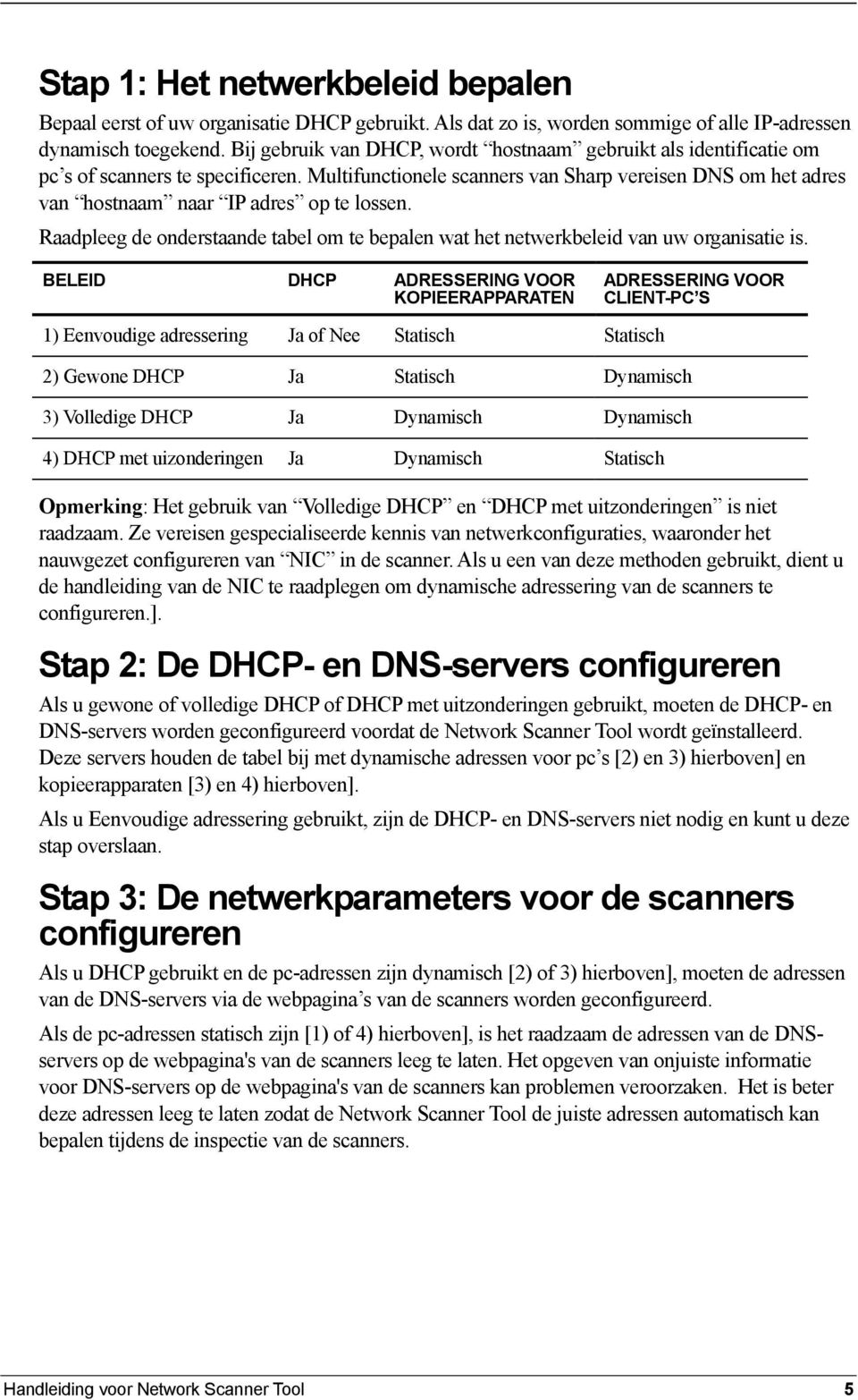 Multifunctionele scanners van Sharp vereisen DNS om het adres van hostnaam naar IP adres op te lossen. Raadpleeg de onderstaande tabel om te bepalen wat het netwerkbeleid van uw organisatie is.