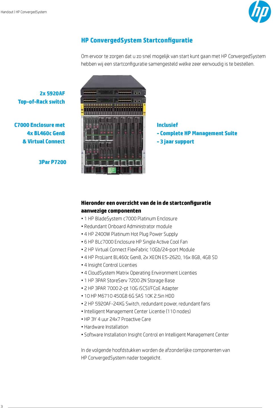 2x 5920AF Top-of-Rack switch C7000 Enclosure met 4x BL460c Gen8 & Virtual Connect Inclusief - Complete HP Management Suite - 3 jaar support 3Par P7200 Hieronder een overzicht van de in de