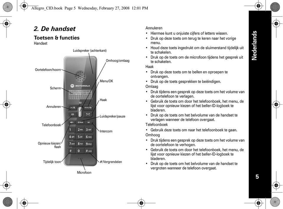 vorige menu Houd deze toets ingedrukt om de sluimerstand tijdelijk uit te schakelen Druk op de toets om de microfoon tijdens het gesprek uit te schakelen Haak Druk op deze toets om te bellen en