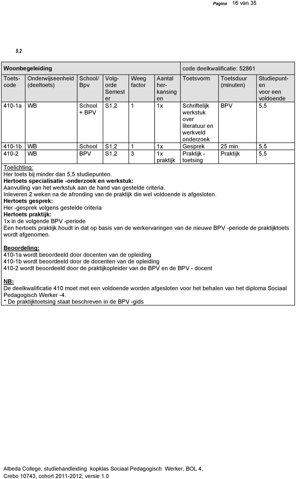 literatuur en werkveld onderzoek Toetsduur (minuten) BPV 5,5 Aantal herkansing en Studiepunten voor een voldoende 410-1b WB School S1,2 1 1x Gesprek 25 min.