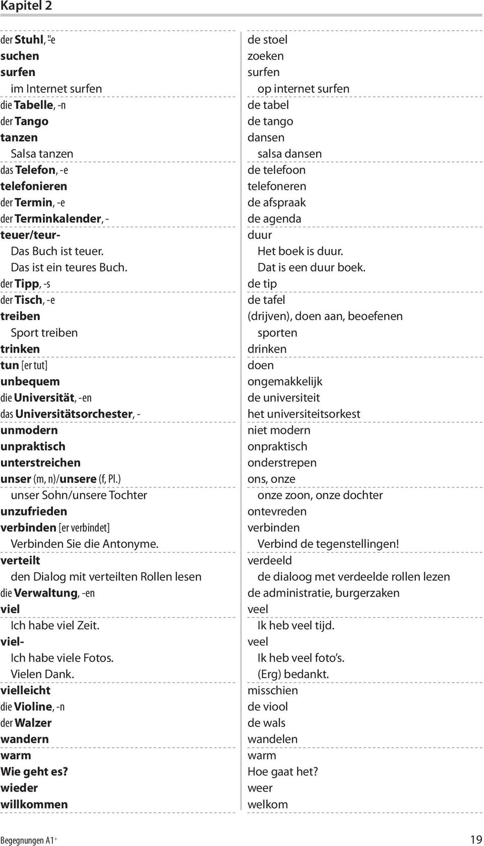 der Tipp, -s der Tisch, -e treiben Sport treiben trinken tun [er tut] unbequem die Universität, -en das Universitätsorchester, - unmodern unpraktisch unterstreichen unser (m, n)/unsere (f, Pl.