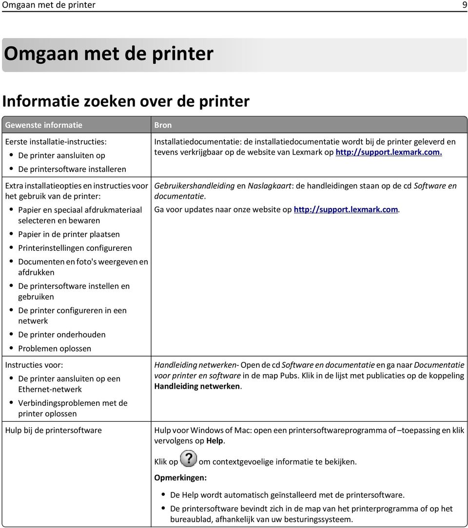 Extra installatieopties en instructies voor het gebruik van de printer: Papier en speciaal afdrukmateriaal selecteren en bewaren Papier in de printer plaatsen Printerinstellingen configureren