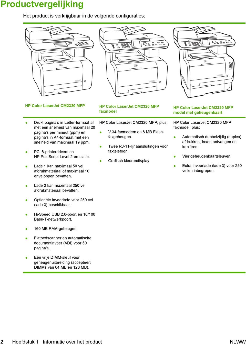 PCL6-printerdrivers en HP PostScript Level 2-emulatie. Lade 1 kan maximaal 50 vel afdrukmateriaal of maximaal 10 enveloppen bevatten. HP Color LaserJet CM2320 MFP, plus: V.