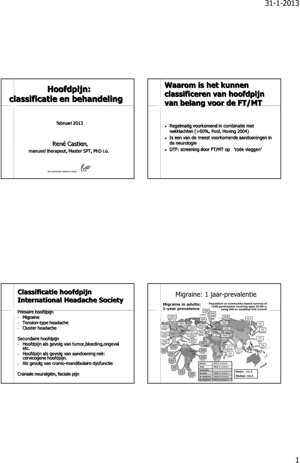 Classificatie hoofdpijn International Headache Society Migraine: 1 jaar-prevalentie Primaire hoofdpijn - Migraine - Tension-type headache - Cluster headache Secundaire hoofdpijn -