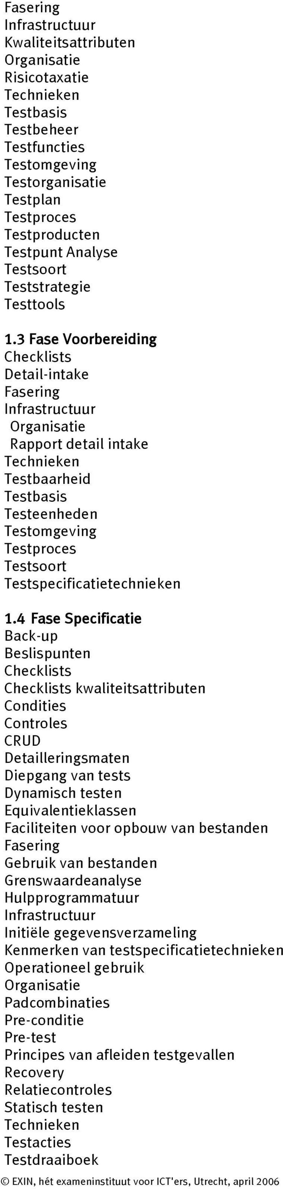 4 Fase Specificatie Back-up Beslispunten Checklists Checklists kwaliteitsattributen Condities Controles CRUD Detailleringsmaten Diepgang van tests Dynamisch testen Equivalentieklassen Faciliteiten