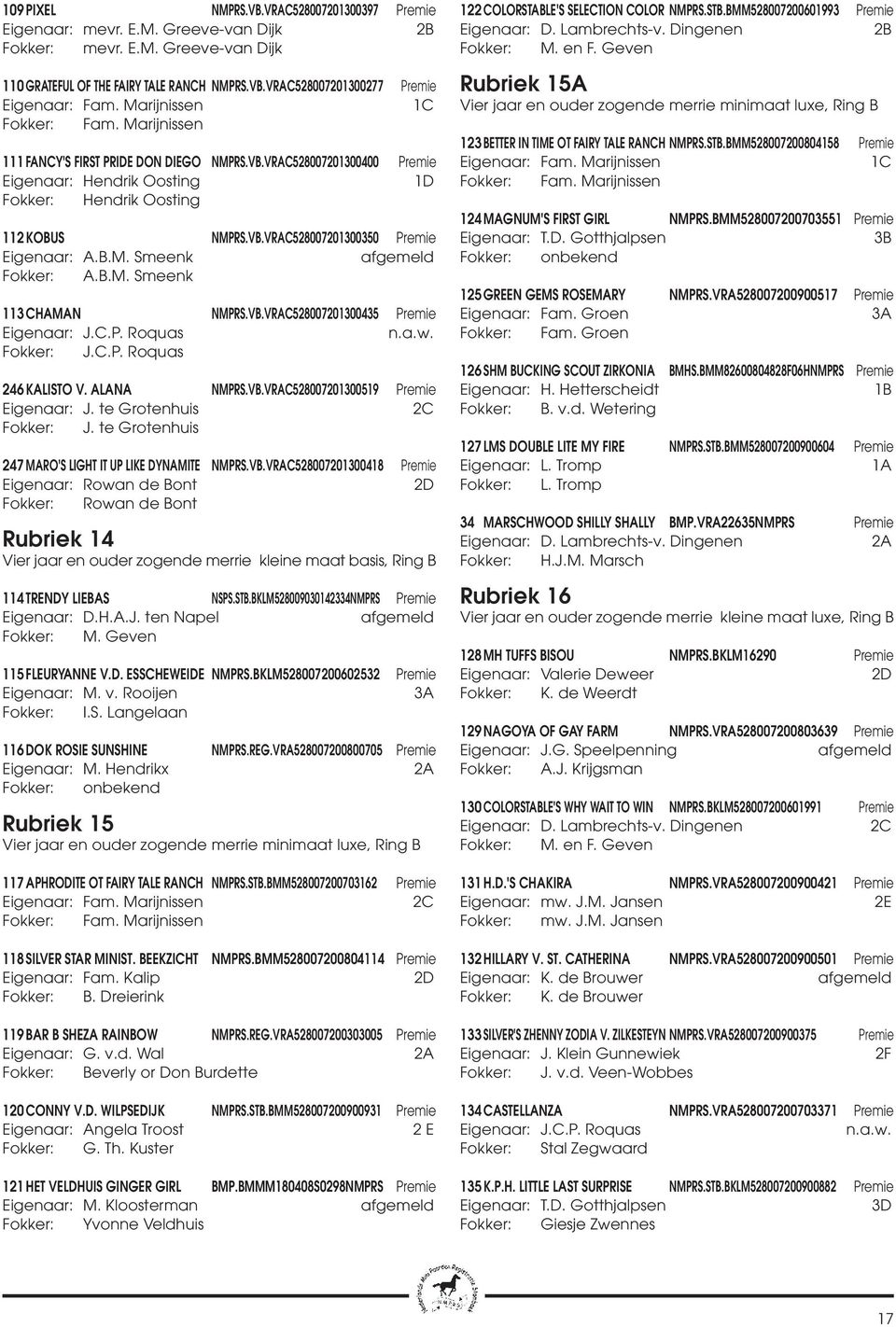 B.M. Smeenk Fokker: A.B.M. Smeenk 113 CHAMAN NMPRS.VB.VRAC528007201300435 Premie Eigenaar: J.C.P. Roquas n.a.w. Fokker: J.C.P. Roquas 246 KALISTO V. ALANA NMPRS.VB.VRAC528007201300519 Premie Eigenaar: J.