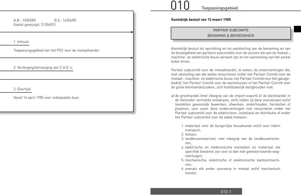 Koninklijk besluit van 13 maart 1985 PARITAIR SUBCOMITE BENAMING & BEVOEGDHEID Koninklijk besluit tot oprichting en tot vaststelling van de benaming en van de bevoegdheid van paritaire subcomités