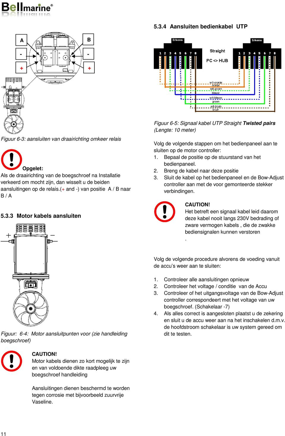 3 Motor kabels aansluiten Figuur 6-5: Signaal kabel UTP Straight Twisted pairs (Lengte: 10 meter) Volg de volgende stappen om het bedienpaneel aan te sluiten op de motor controller: 1.