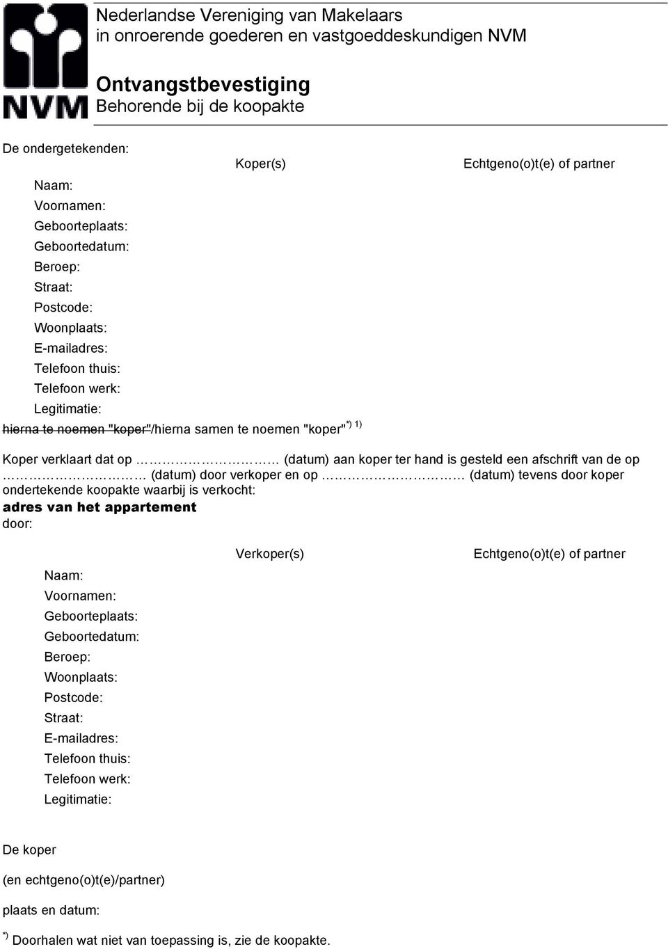 partner Koper verklaart dat op (datum) aan koper ter hand is gesteld een afschrift van de op (datum) door verkoper en op (datum) tevens door koper ondertekende koopakte waarbij is verkocht: adres van