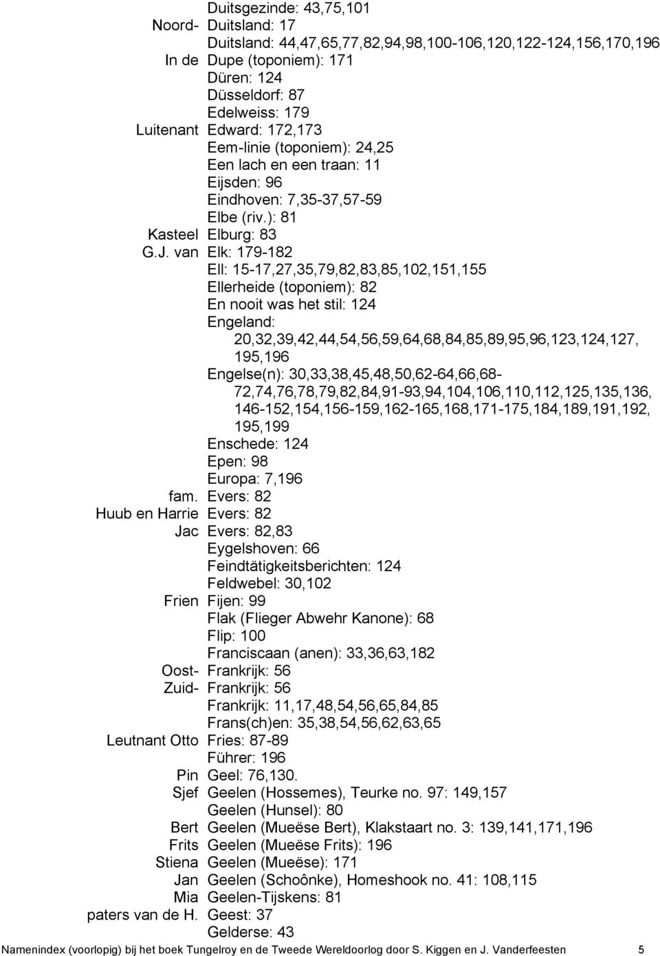 van Elk: 179-182 Ell: 15-17,27,35,79,82,83,85,102,151,155 Ellerheide (toponiem): 82 En nooit was het stil: 124 Engeland: 20,32,39,42,44,54,56,59,64,68,84,85,89,95,96,123,124,127, 195,196 Engelse(n):