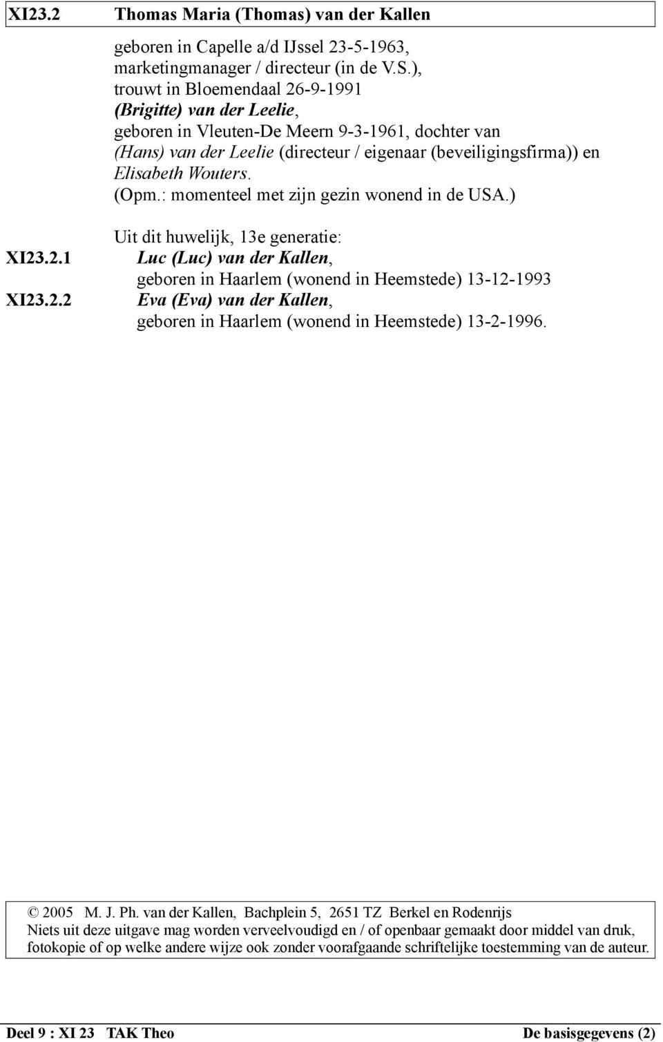 (Opm.: momenteel met zijn gezin wonend in de USA.) Uit dit huwelijk, 13e generatie: XI23.2.1 Luc (Luc) van der Kallen, geboren in Haarlem (wonend in Heemstede) 13-12-1993 XI23.2.2 Eva (Eva) van der Kallen, geboren in Haarlem (wonend in Heemstede) 13-2-1996.