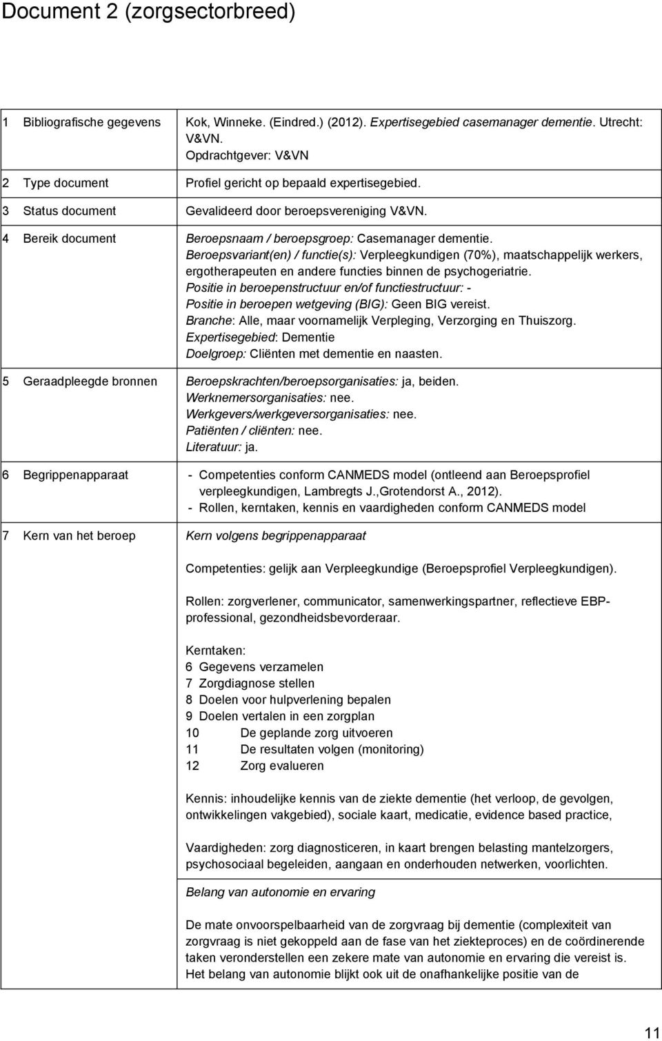 4 Bereik document Beroepsnaam / beroepsgroep: Casemanager dementie.