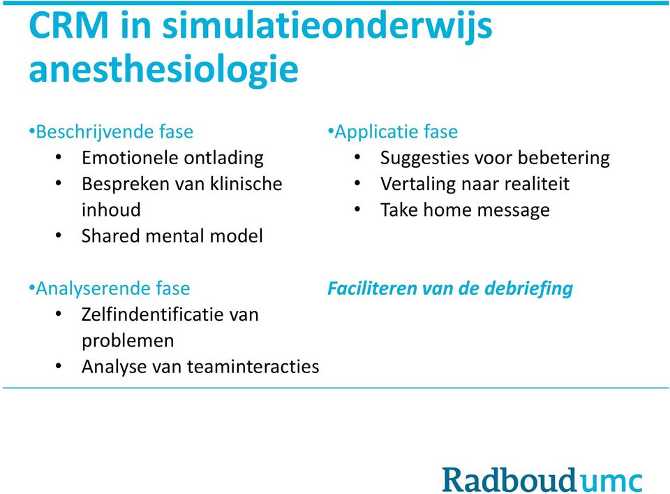 voor bebetering Vertaling naar realiteit Take home message Analyserende fase