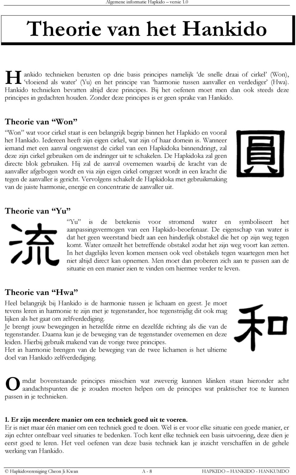 Theorie van Won Won wat voor cirkel staat is een belangrijk begrip binnen het Hapkido en vooral het Hankido. Iedereen heeft zijn eigen cirkel, wat zijn of haar domein is.