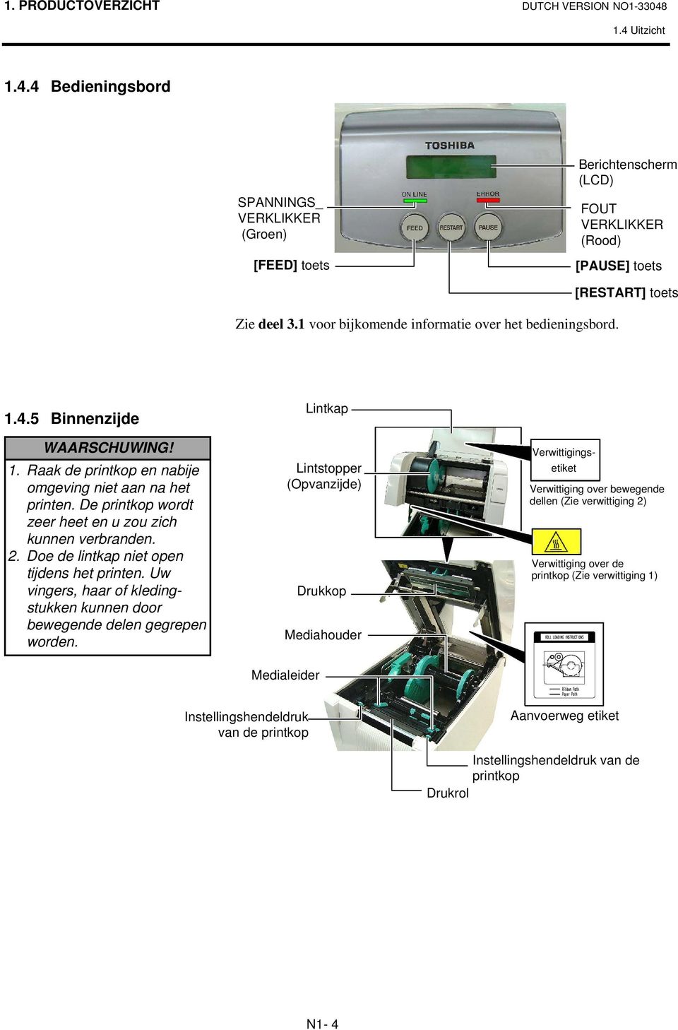 De printkop wordt zeer heet en u zou zich kunnen verbranden. 2. Doe de lintkap niet open tijdens het printen. Uw vingers, haar of kledingstukken kunnen door bewegende delen gegrepen worden.