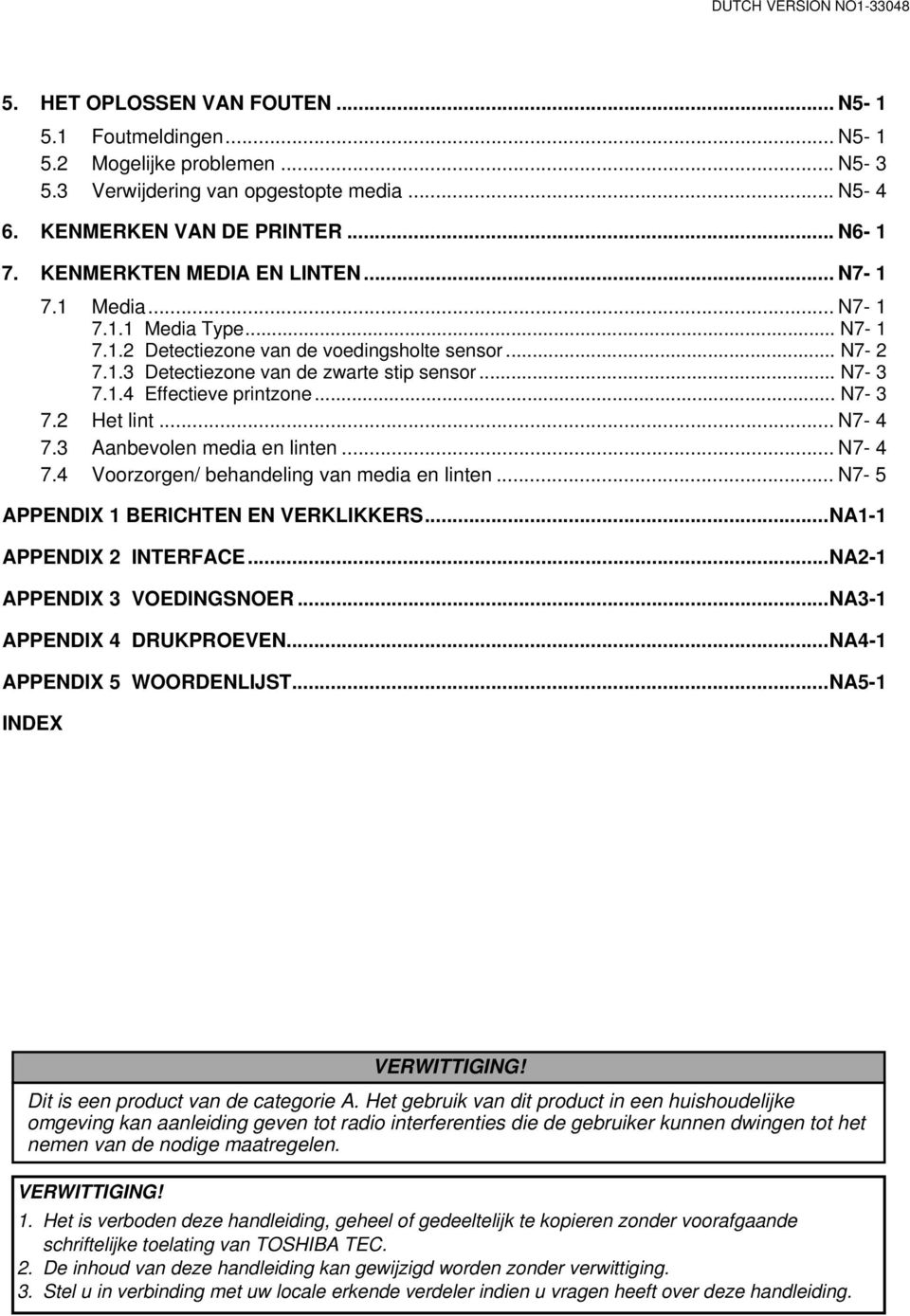 .. N7-3 7.2 Het lint... N7-4 7.3 Aanbevolen media en linten... N7-4 7.4 Voorzorgen/ behandeling van media en linten... N7-5 APPENDIX 1 BERICHTEN EN VERKLIKKERS...NA1-1 APPENDIX 2 INTERFACE.