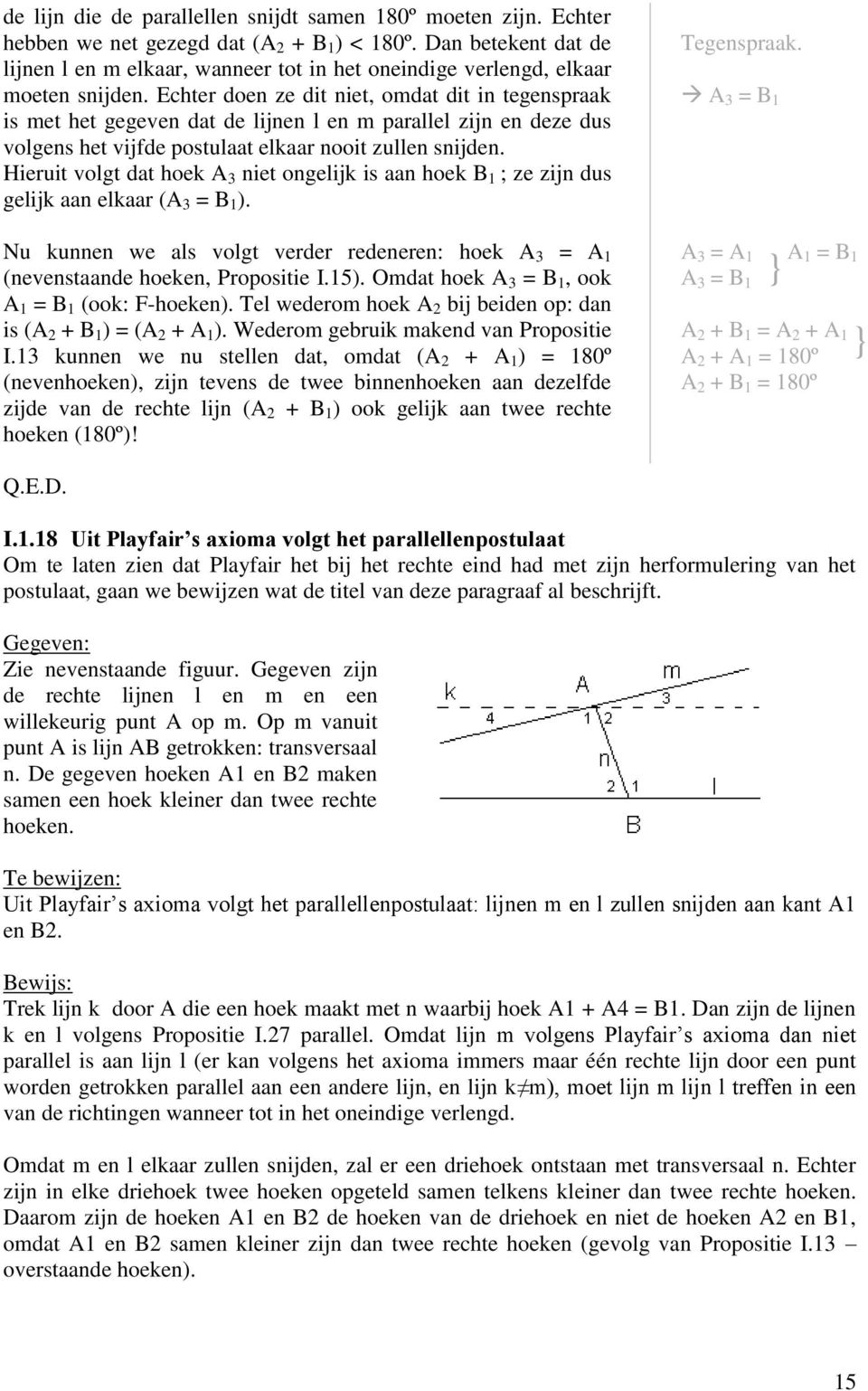 Echter doen ze dit niet, omdat dit in tegenspraak is met het gegeven dat de lijnen l en m parallel zijn en deze dus volgens het vijfde postulaat elkaar nooit zullen snijden.