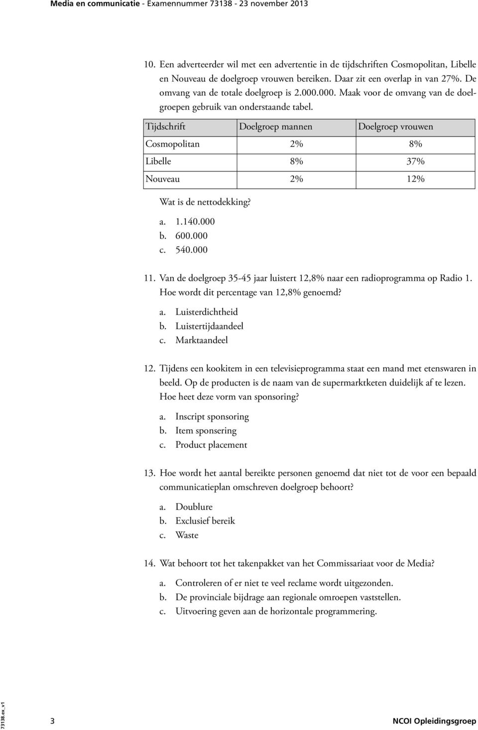 Tijdschrift Doelgroep mannen Doelgroep vrouwen Cosmopolitan 2% 8% Libelle 8% 37% Nouveau 2% 12% Wat is de nettodekking? a. 1.140.000 b. 600.000 c. 540.000 11.