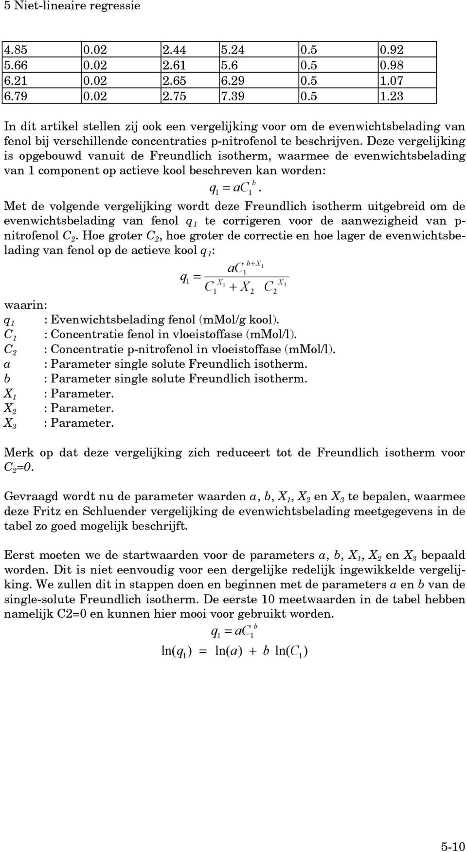 Deze vergelijking is opgebouwd vanuit de Freundlich isotherm, waarmee de evenwichtsbelading van 1 component op actieve kool beschreven kan worden: b q = ac.