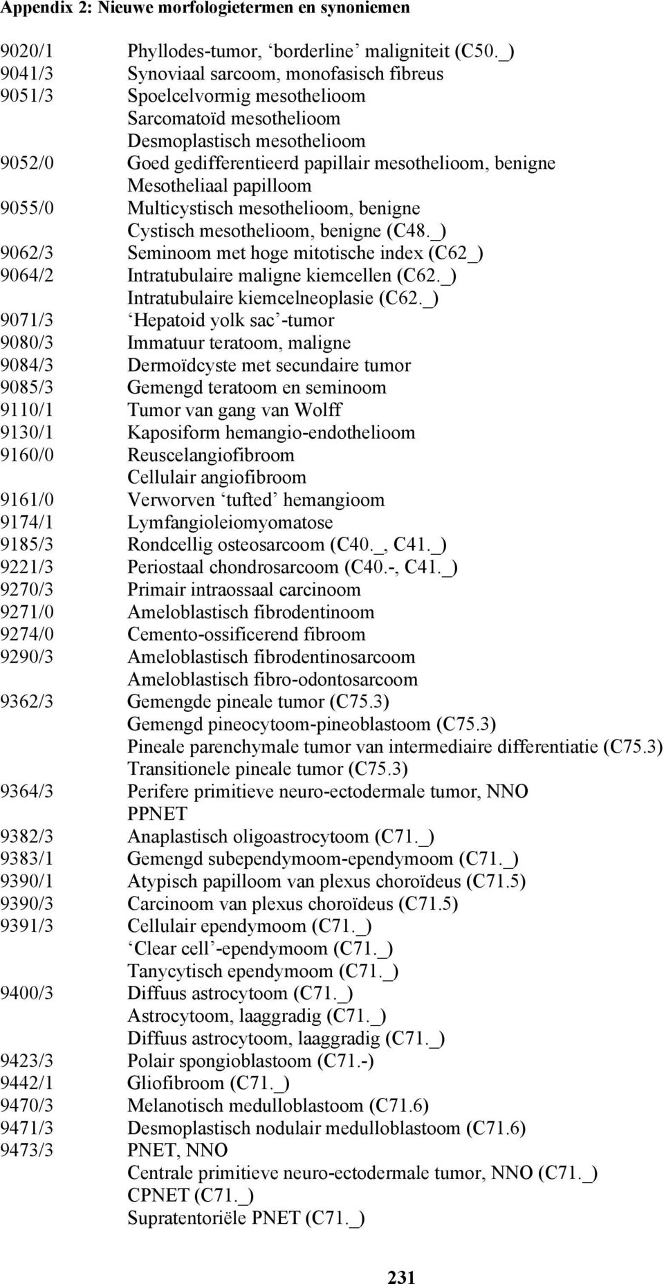 Mesotheliaal papilloom 9055/0 Multicystisch mesothelioom, benigne Cystisch mesothelioom, benigne (C48._) 9062/3 Seminoom met hoge mitotische index (C62_) 9064/2 Intratubulaire maligne kiemcellen (C62.