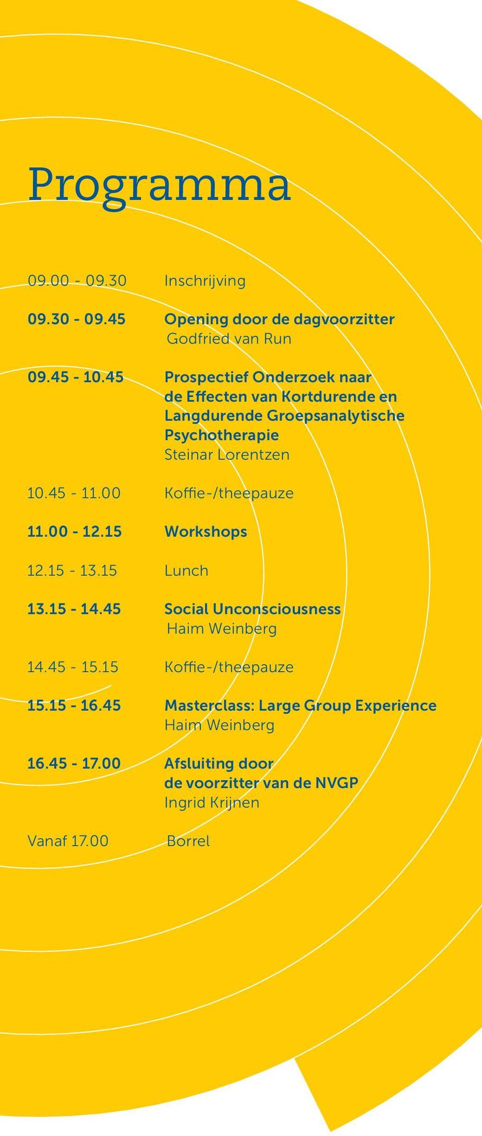 45-11.00 Koffie-/theepauze 11.00-12.15 Workshops 12.15-13.15 Lunch 13.15-14.45 Social Unconsciousness Haim Weinberg 14.45-15.
