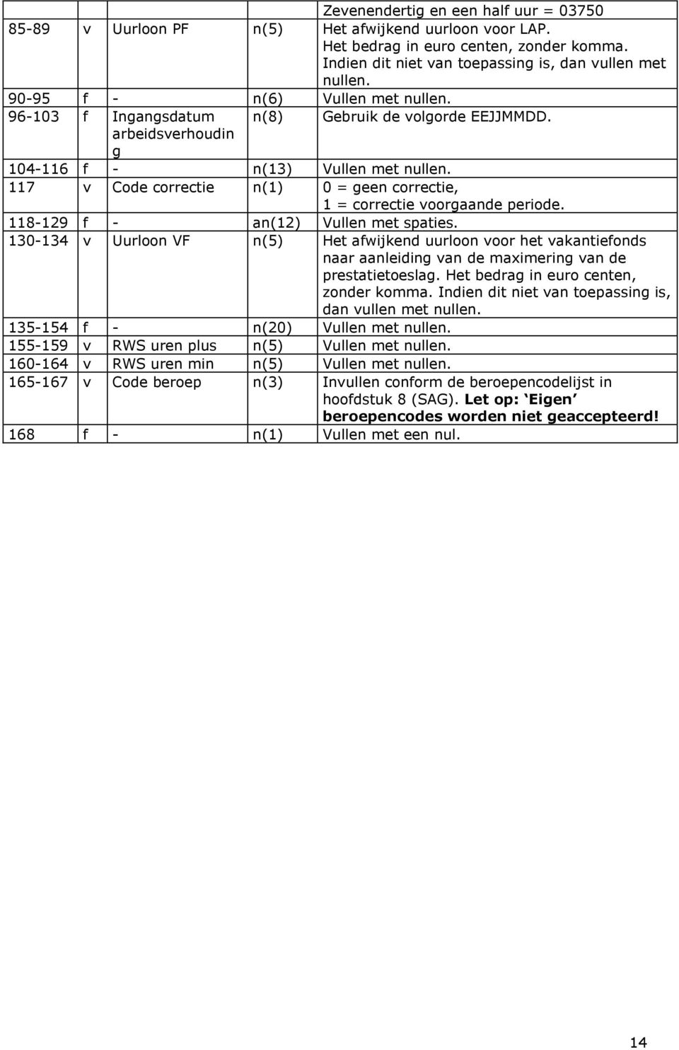 117 v Code correctie n(1) 0 = geen correctie, 1 = correctie voorgaande periode. 118-129 f - an(12) Vullen met spaties.