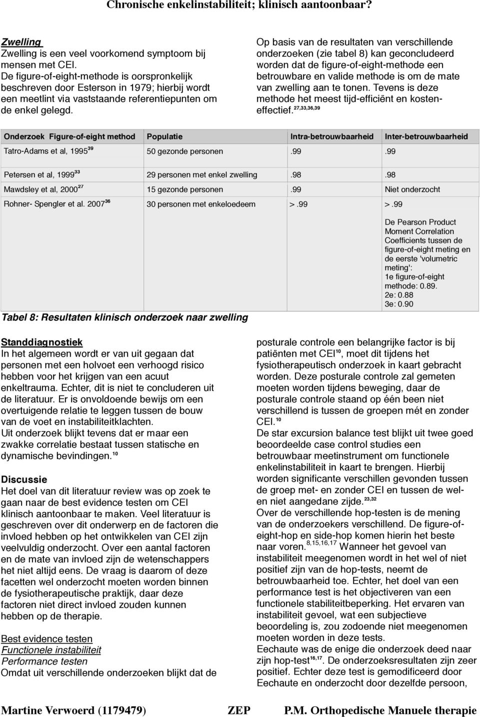 Op basis van de resultaten van verschillende onderzoeken (zie tabel 8) kan geconcludeerd worden dat de figure-of-eight-methode een betrouwbare en valide methode is om de mate van zwelling aan te