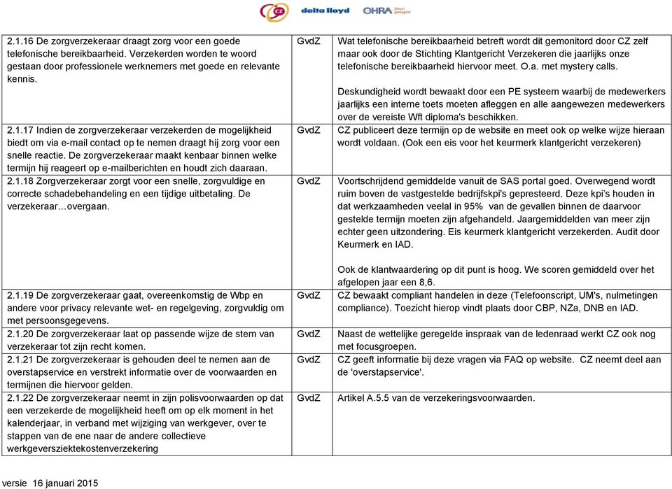 18 Zorgverzekeraar zorgt voor een snelle, zorgvuldige en correcte schadebehandeling en een tijdige uitbetaling. De verzekeraar overgaan. 2.1.19 De zorgverzekeraar gaat, overeenkomstig de Wbp en andere voor privacy relevante wet- en regelgeving, zorgvuldig om met persoonsgegevens.