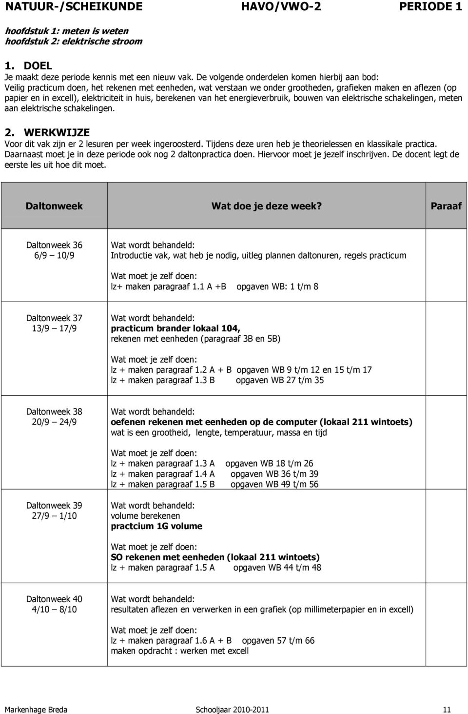 huis, berekenen van het energieverbruik, bouwen van elektrische schakelingen, meten aan elektrische schakelingen. Voor dit vak zijn er 2 lesuren per week ingeroosterd.