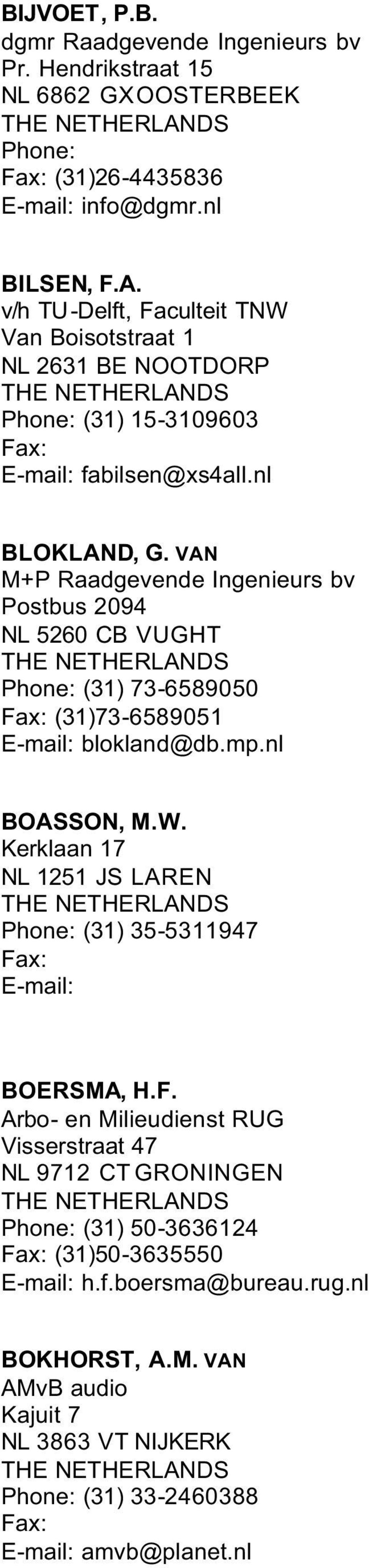 VAN M+P Raadgevende Ingenieurs bv Postbus 2094 NL 5260 CB VUGHT Phone: (31) 73-6589050 (31)73-6589051 blokland@db.mp.nl BOASSON, M.W.