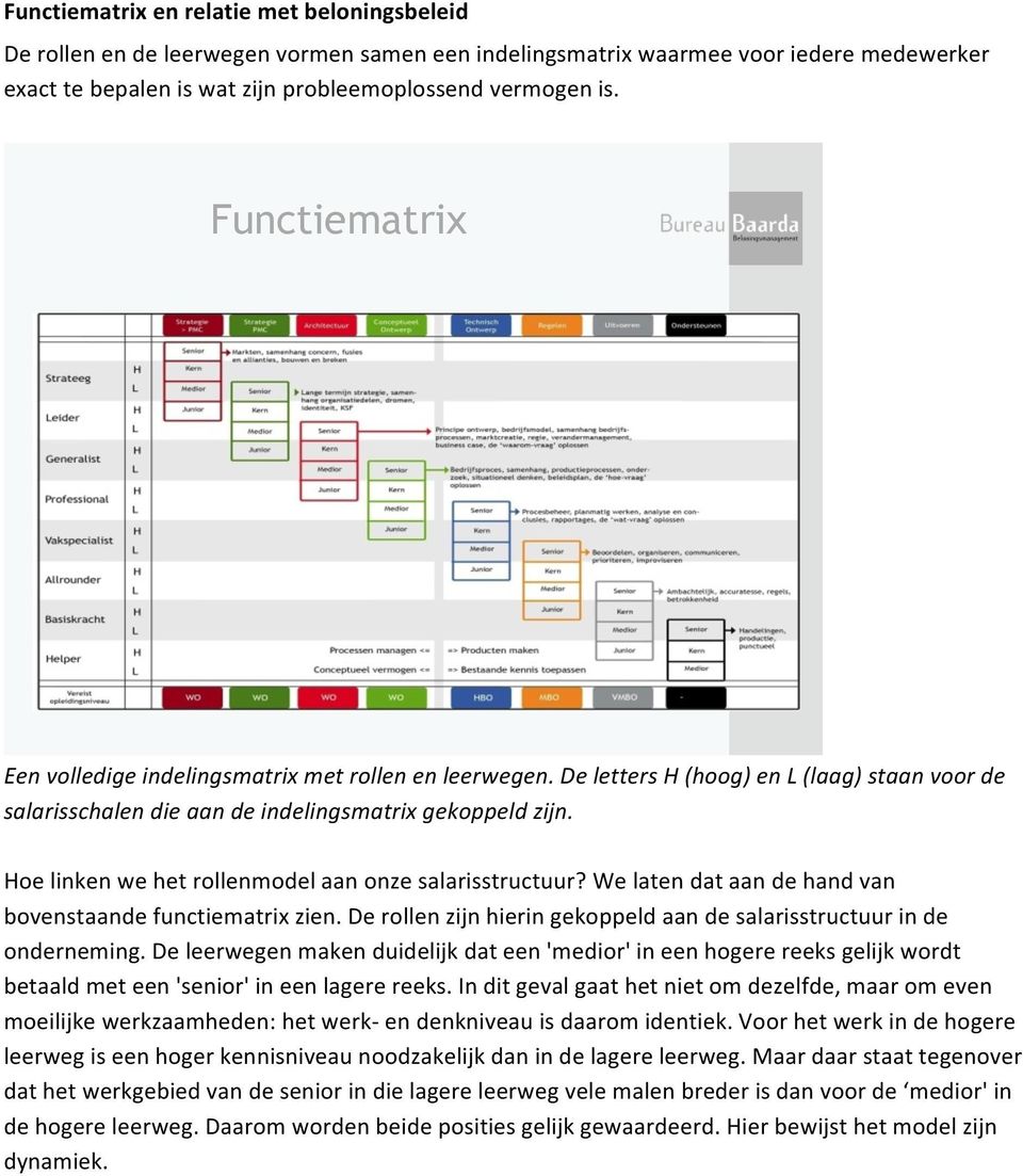 Hoe linken we het rollenmodel aan onze salarisstructuur? We laten dat aan de hand van bovenstaande functiematrix zien. De rollen zijn hierin gekoppeld aan de salarisstructuur in de onderneming.