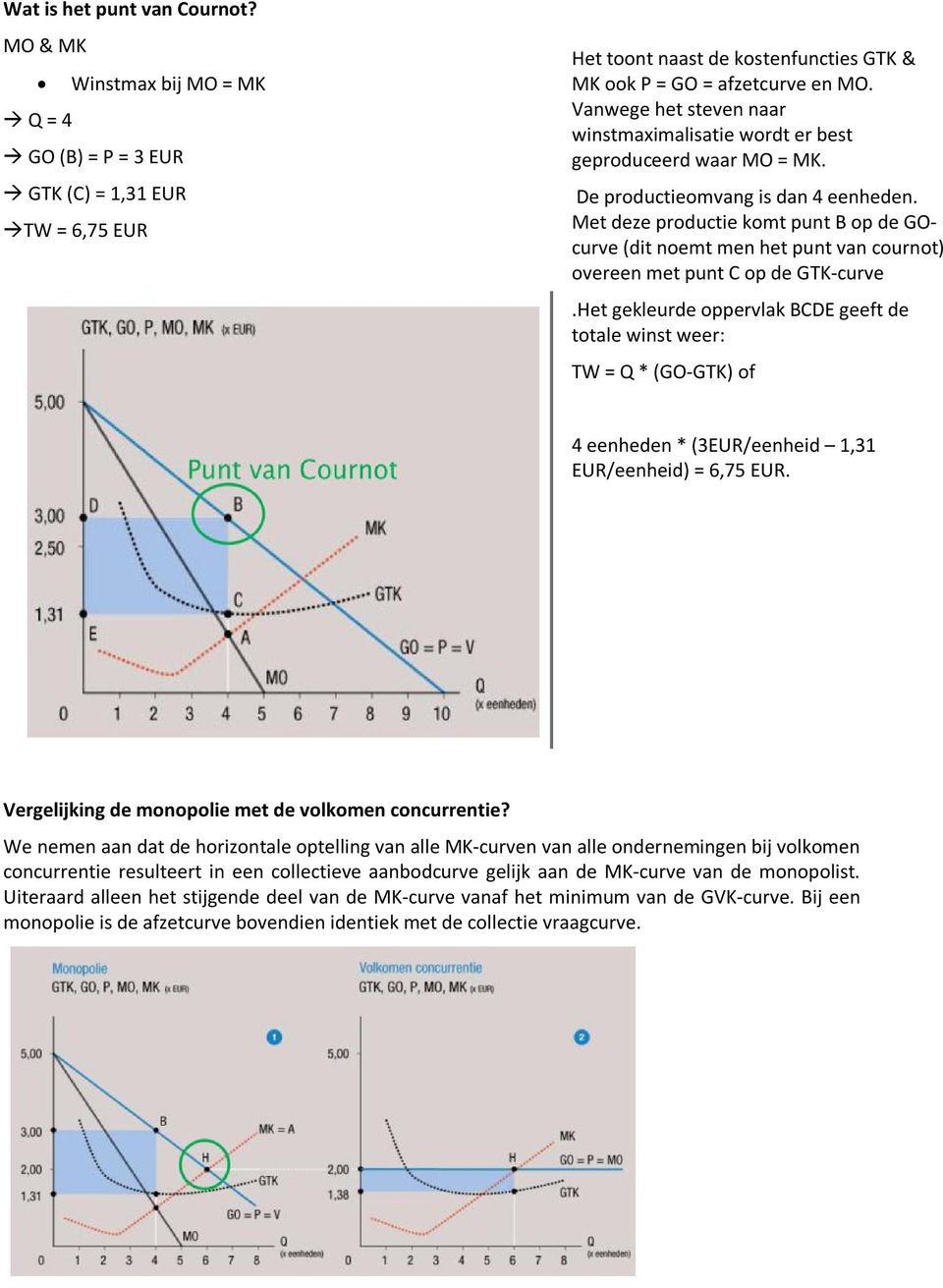 Met deze productie komt punt B op de GOcurve (dit noemt men het punt van cournot) overeen met punt C op de GTK-curve.