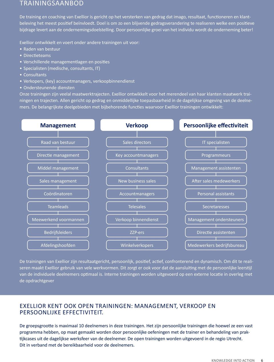 Exellior ontwikkelt en voert onder andere trainingen uit voor: Raden van bestuur Directieteams Verschillende managementlagen en posities Specialisten (medische, consultants, IT) Consultants