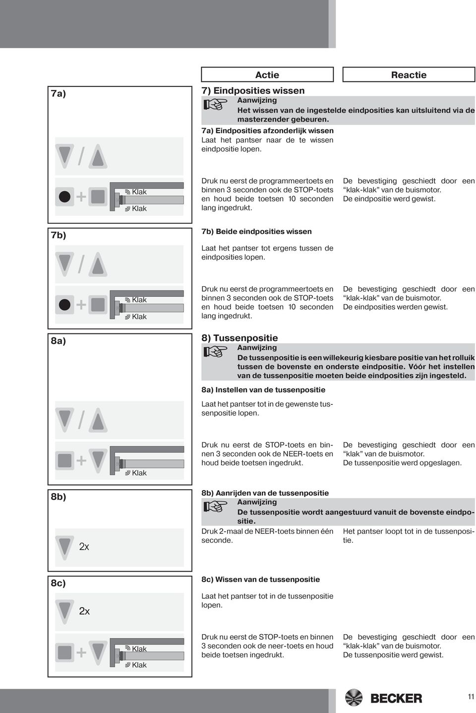 De eindpositie werd gewist. 7b) 7b) Beide eindposities wissen Laat het pantser tot ergens tussen de eindposities lopen.