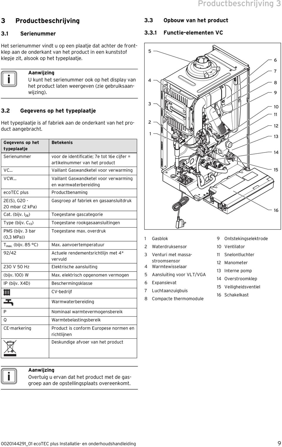 Aanwijzing U kunt het serienummer ook op het display van het product laten weergeven (zie gebruiksaanwijzing).. Opbouw van het product.. Functie-elementen VC 5 4 6 7 8 9.