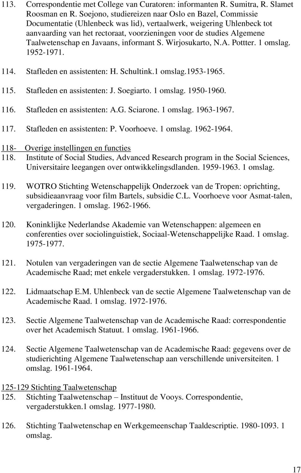 Taalwetenschap en Javaans, informant S. Wirjosukarto, N.A. Pottter. 1 omslag. 1952-1971. 114. Stafleden en assistenten: H. Schultink.1 omslag.1953-1965. 115. Stafleden en assistenten: J. Soegiarto.